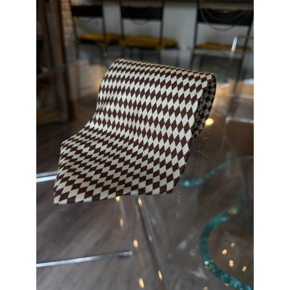 Polo Ralph Lauren Silk Neck‎ Tie Brown Cream Geometric Diamond Print Harlequin